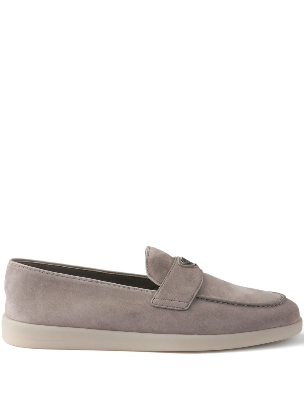 Beige suede loafers with triangular logo