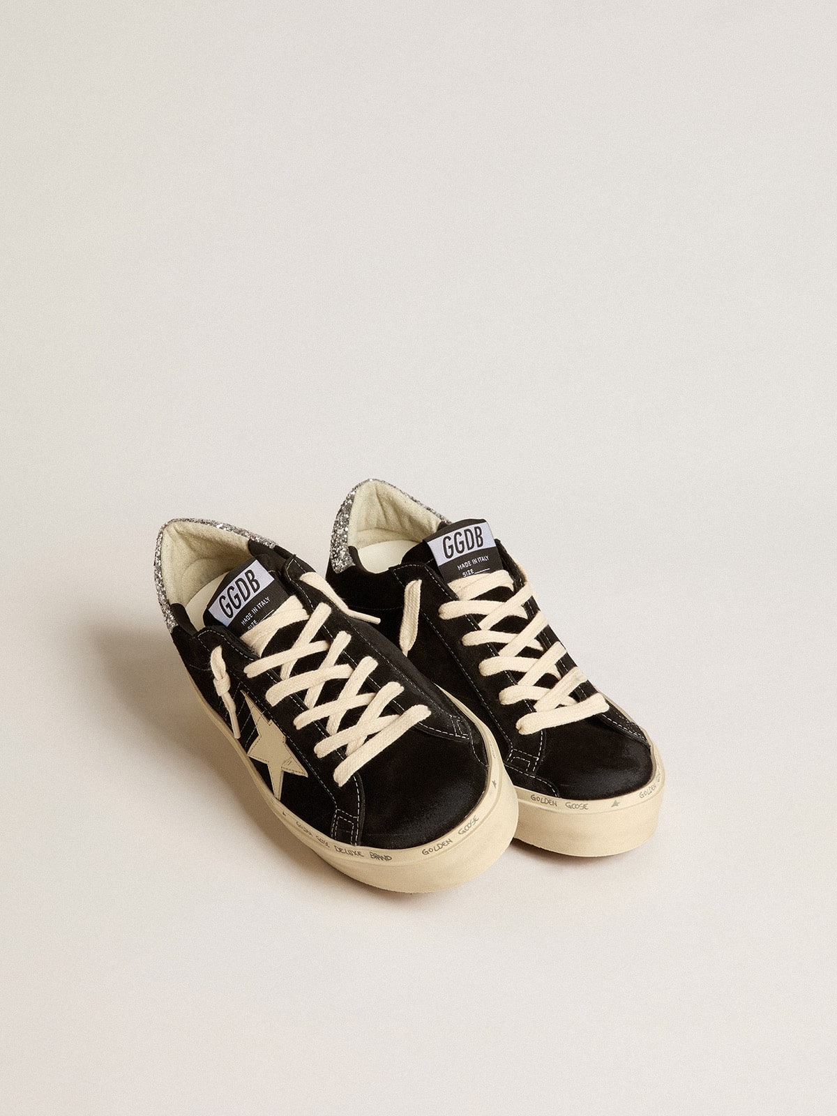 Hi Star in black leather with silver glitter heel