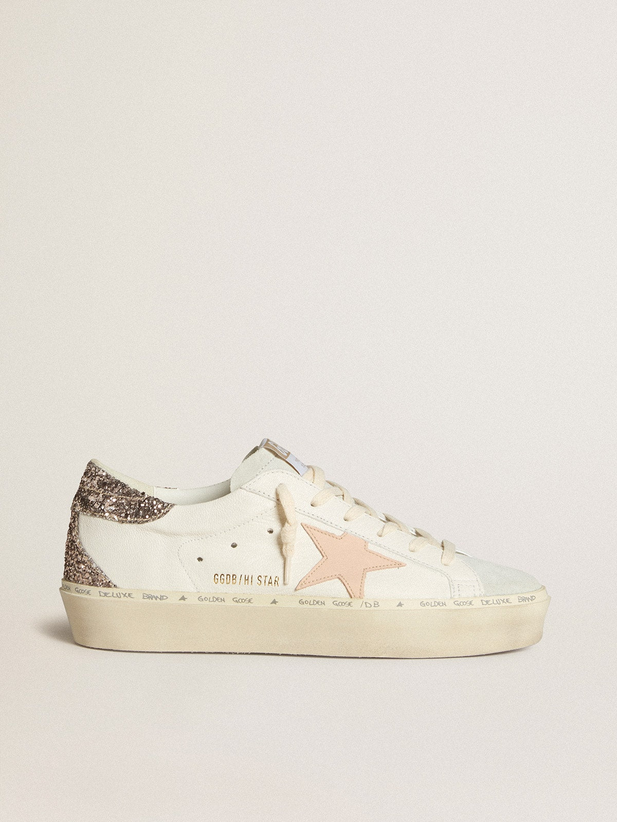 Hi Star aus weißem Nappaleder mit rosa Lederstern und Glitzerabsatz