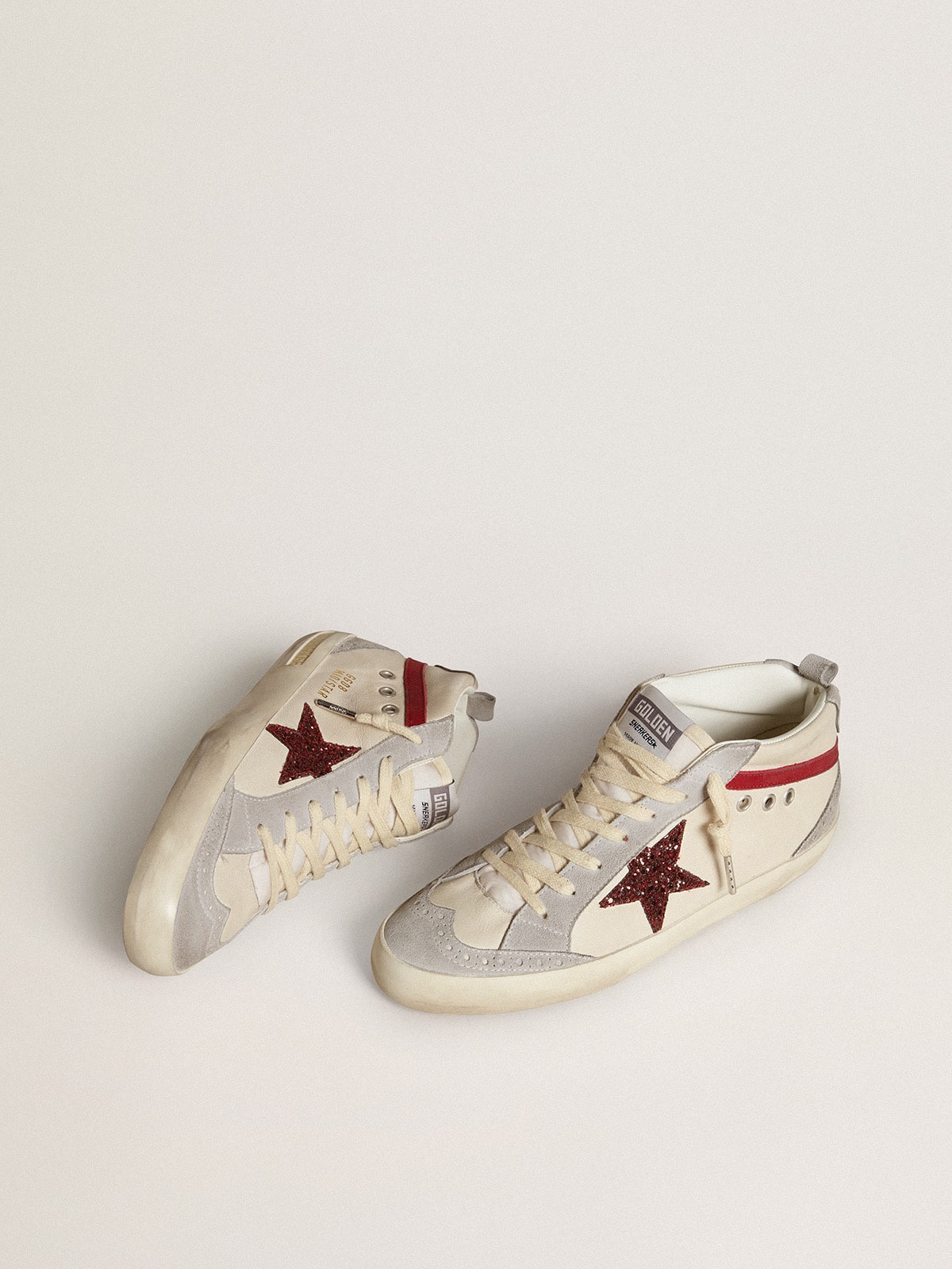 Mid Star in leather with glitter star and red nubuck comma