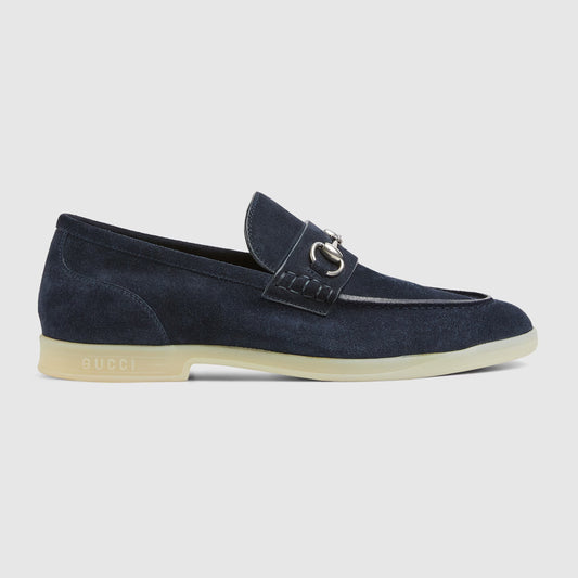 Men's moccasin with dark blue suede leather clamp