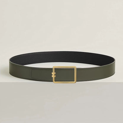 Tube H Belt Buckle &amp; Reversible Leather Belt Buckle 38mm Green/Black Women