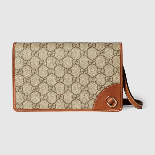 GG Emblem Wallet with Shoulder Strap in Beige Fabric