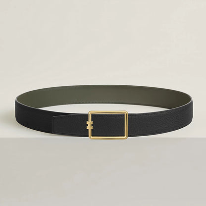 Tube H Belt Buckle &amp; Reversible Leather Belt Buckle 38mm Green/Black Women