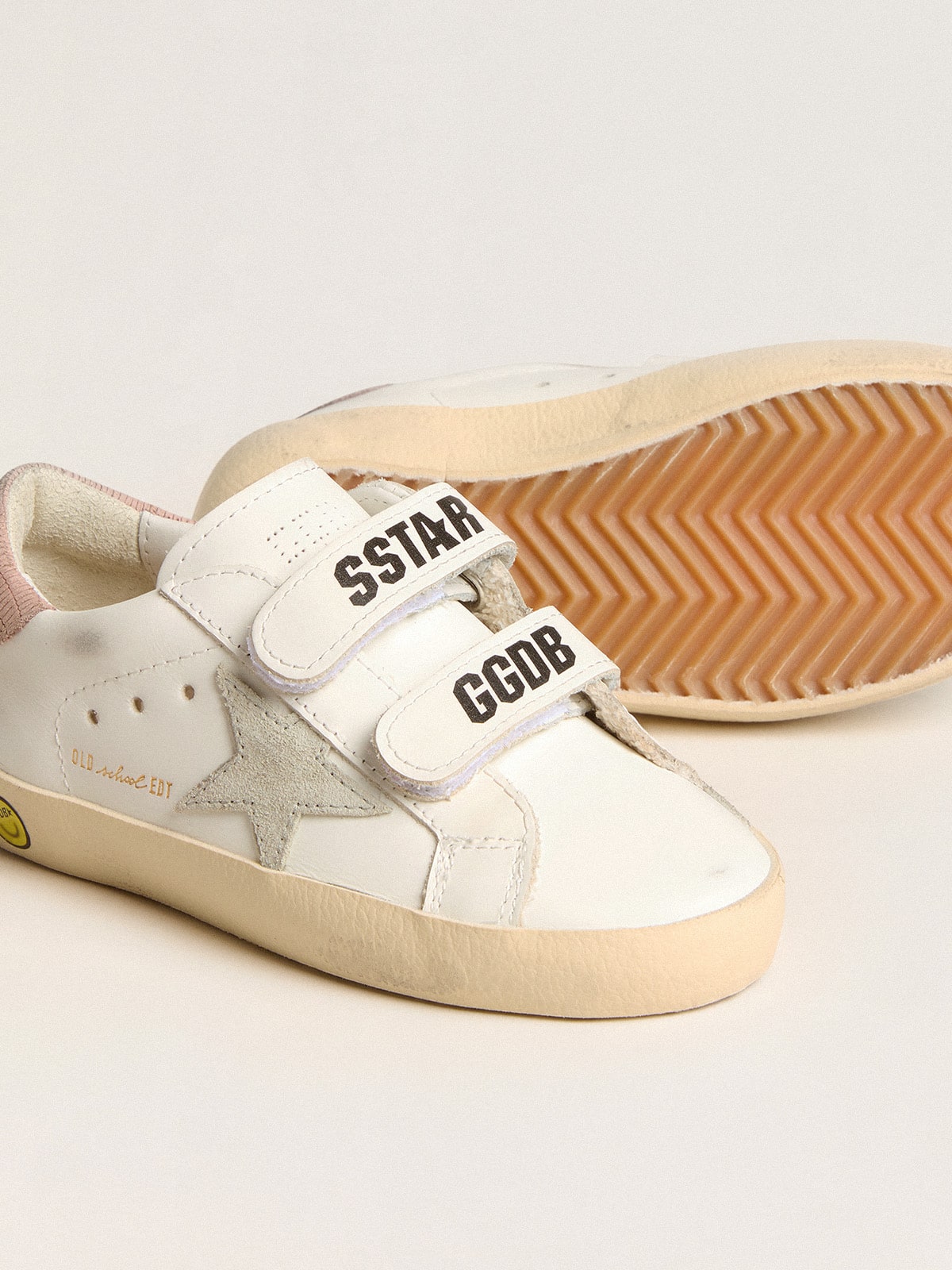 Old School Young in leather with grey suede star and antique pink heel tab