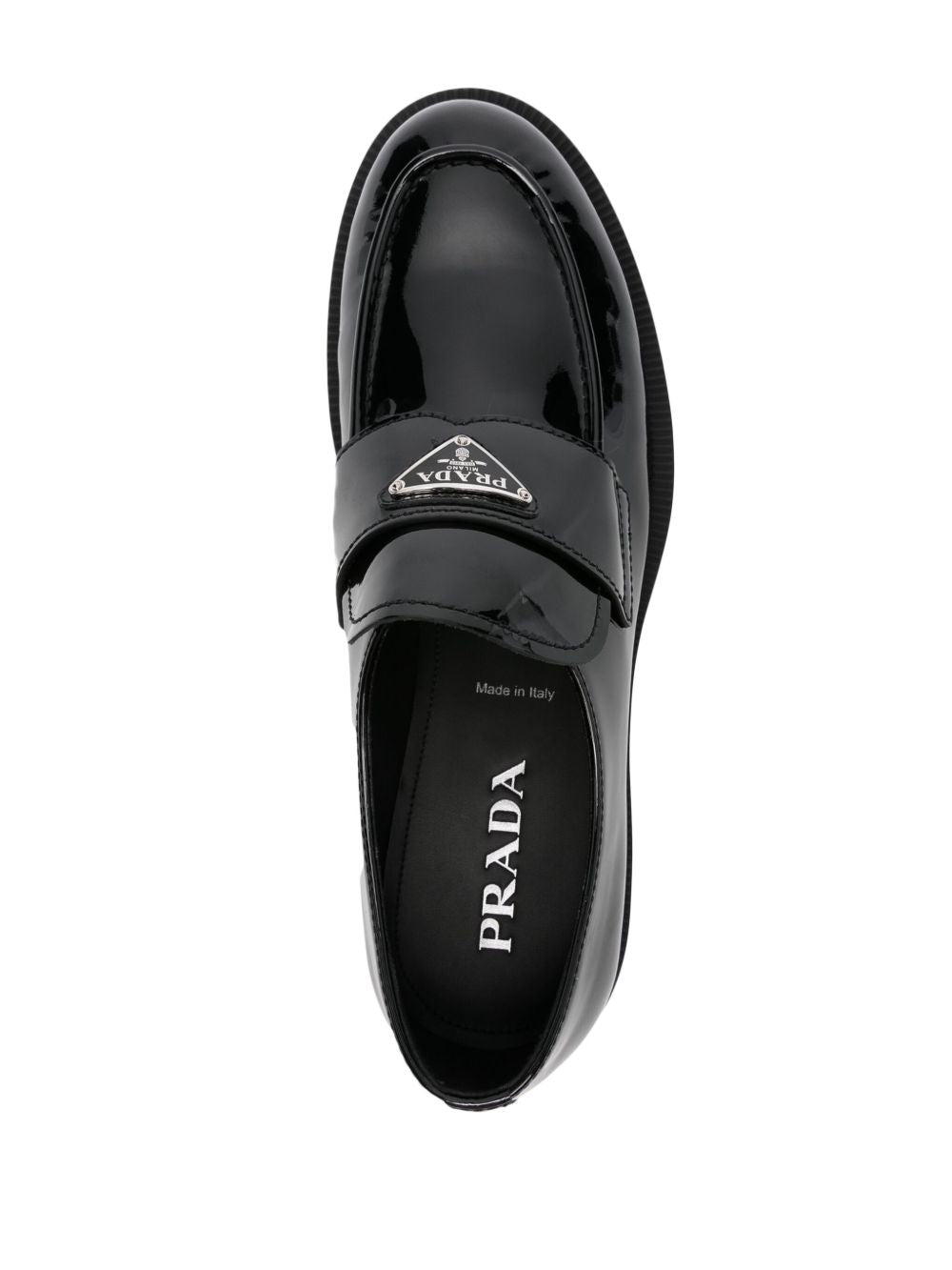 Black triangular logo leather loafers