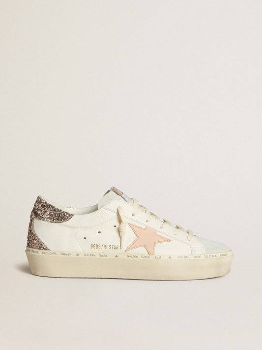 Hi Star in white nappa with pink leather star and glitter heel