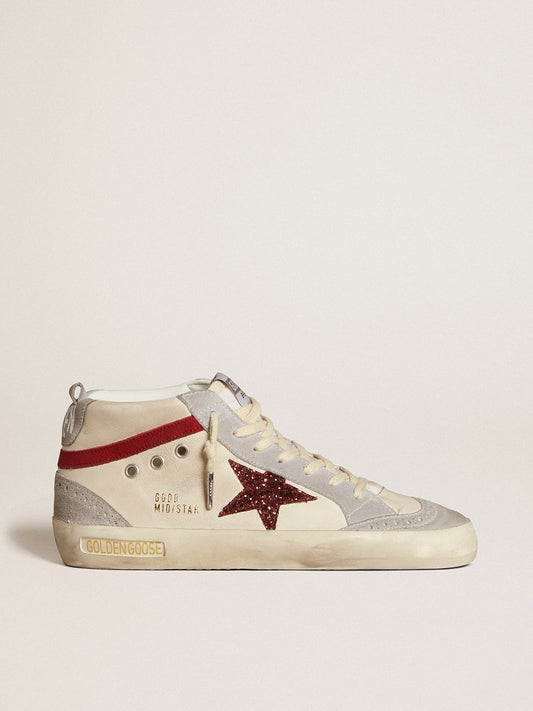 Mid Star in leather with glitter star and red nubuck comma