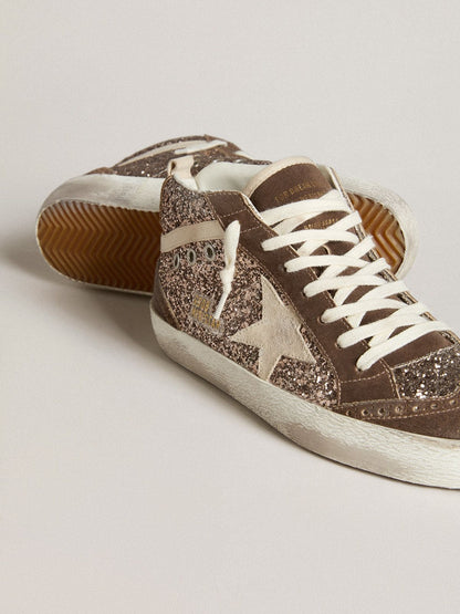 Mid Star in glitter with pearl suede star and brown suede inserts