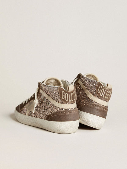 Mid Star in glitter with pearl suede star and brown suede inserts