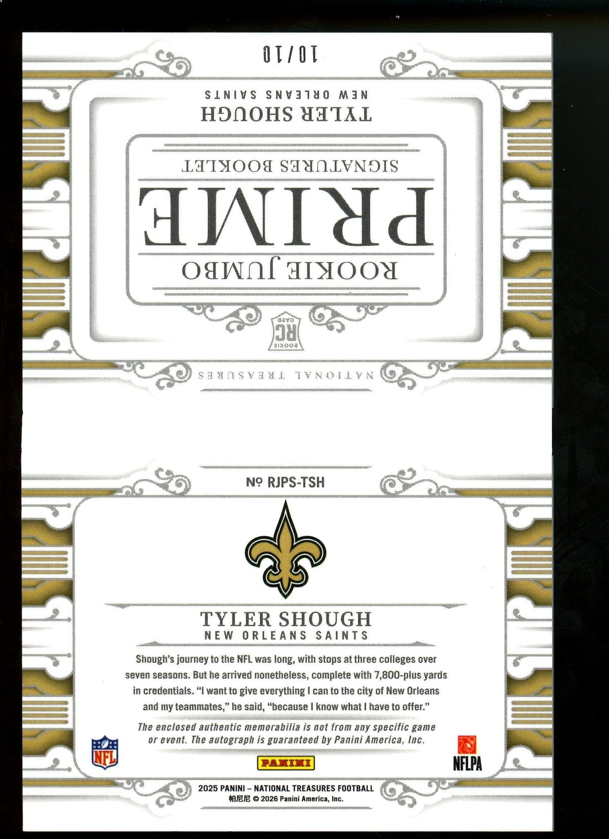 2025 Panini National Treasures Tyler Shough Rookie Jumbo Prime Signatures Booklet /10 Saints — image 2