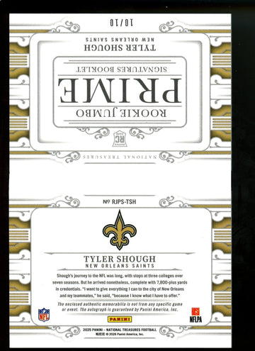 2025 Panini National Treasures Tyler Shough Rookie Jumbo Prime Signatures Booklet /10 Saints — image 2