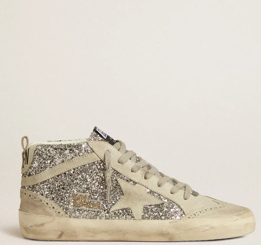 Mid Star in silver glitter with star and comma in ice suede