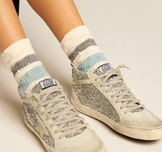 Mid Star in silver glitter with star and comma in ice suede