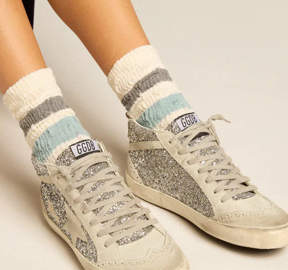 Mid Star in silver glitter with star and comma in ice suede