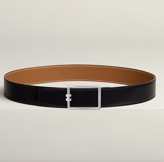 Tube H Belt Buckle &amp; Reversible Leather Belt Buckle 38mm Black/Gold Men's